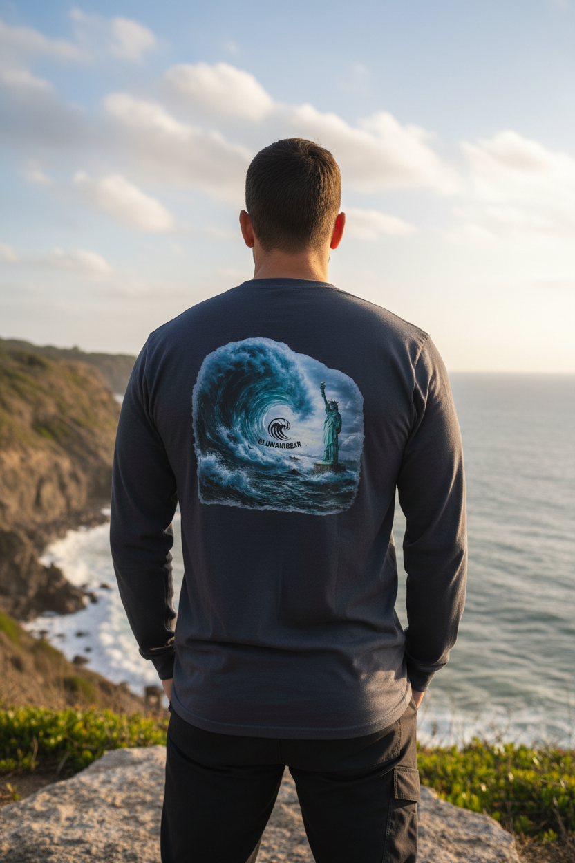 Person wearing Blunami Gear t-shirt by the ocean